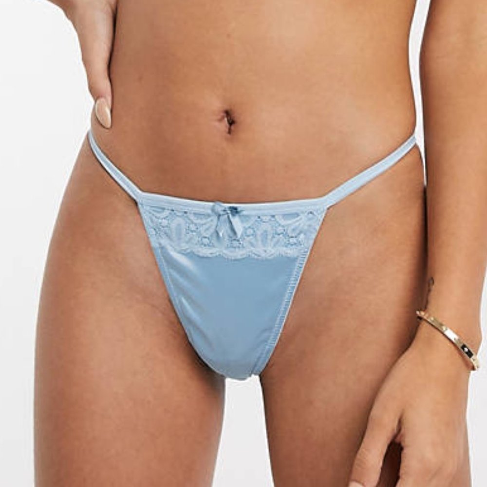 Ivory Rose Lace Trim Thong in Soft Blue